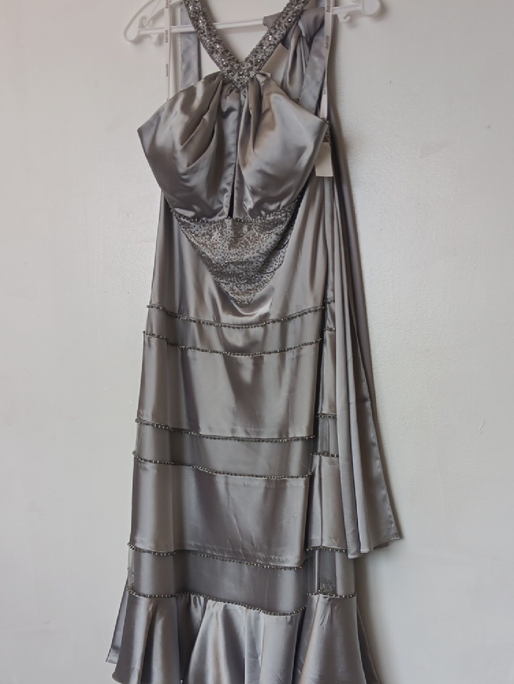 Marsoni Silver Satin Beaded Evening Dress